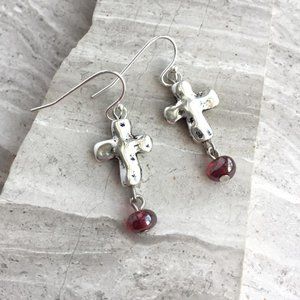 Sterling Silver natural Cross red bead Earrings